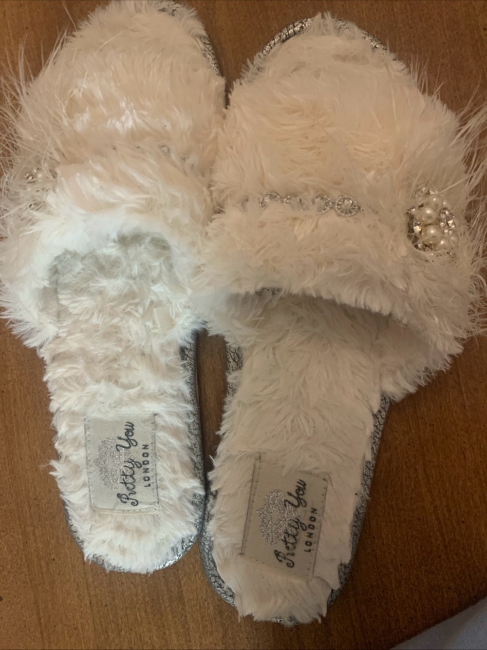 White Fuzzy Slide Slippers with Silver Trim